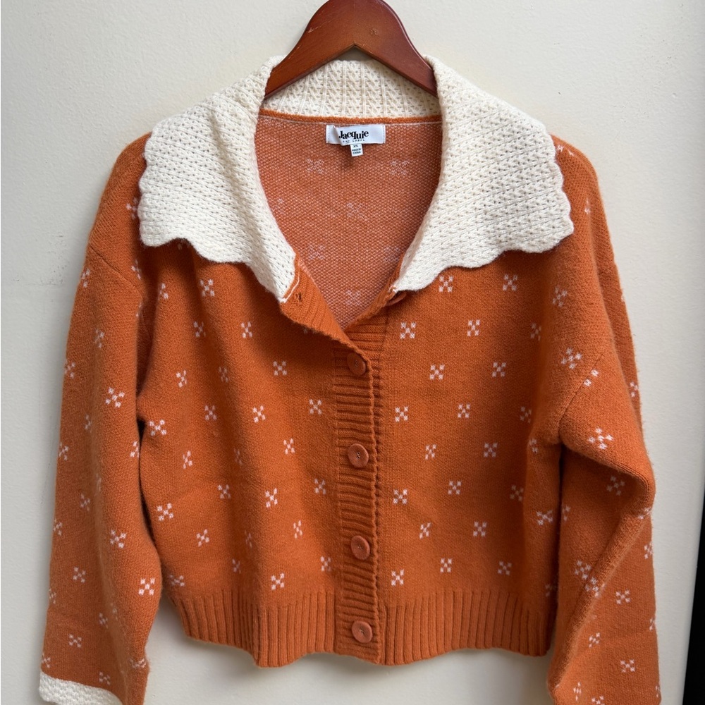 NEW Jacquie The Label Orange and Cream Button-Up Sweater